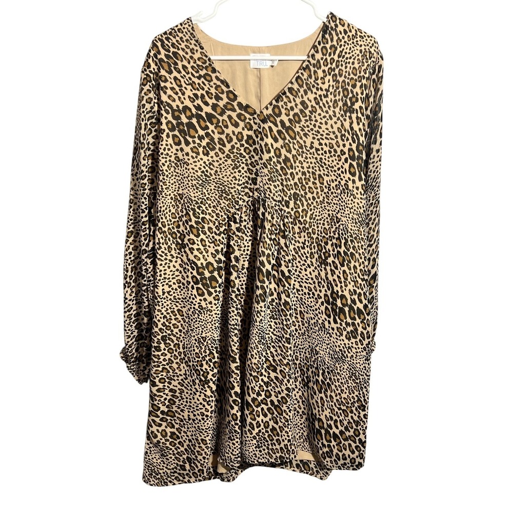 Time and Tru Women's Leopard Print Babydoll Dress V-Neck Long Sleeve XXL (20)